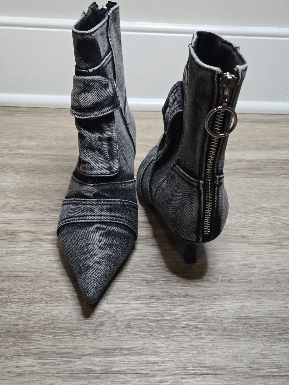 Pointed-Toe Ankle Boots with Back Zip in Charcoal Gray